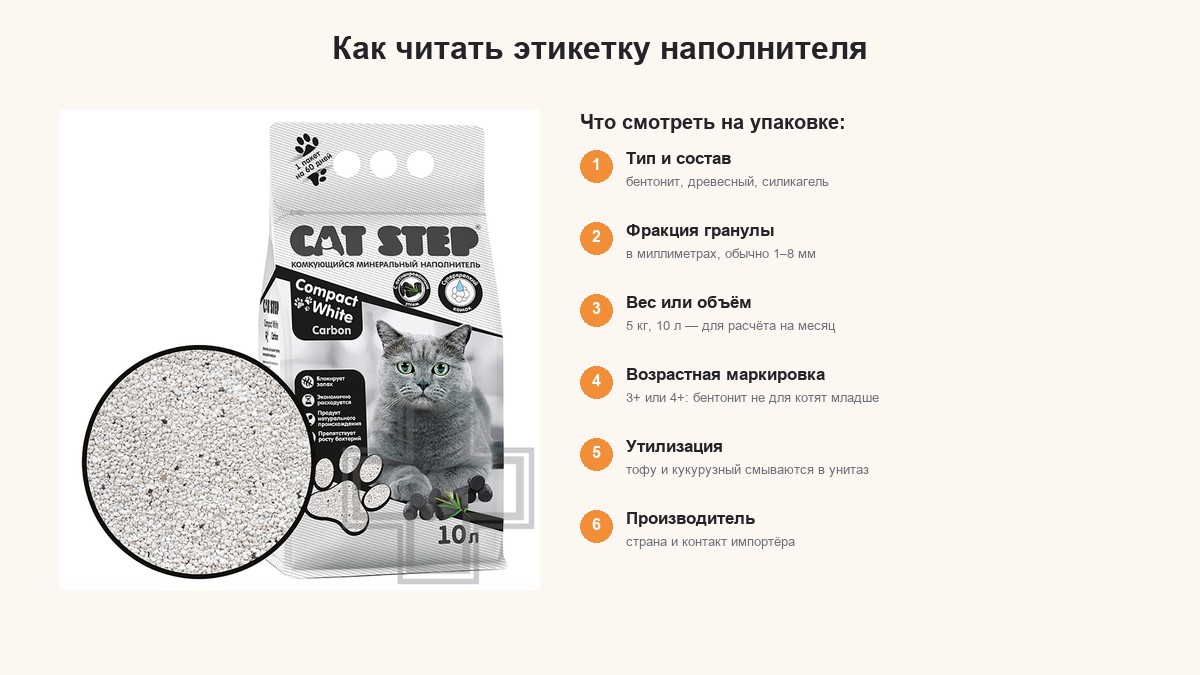 Как читать этикетку наполнителя: тип, фракция, объём, возраст, утилизация, производитель