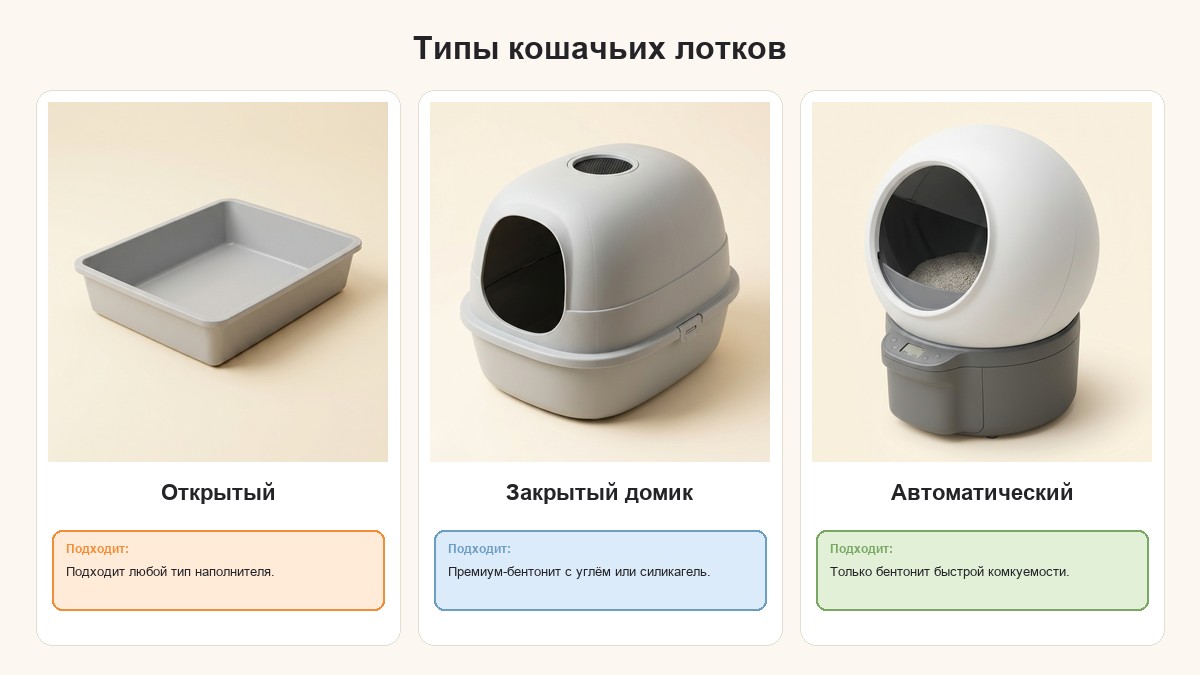 Типы кошачьих лотков и подходящий наполнитель: открытый, закрытый домик, автоматический