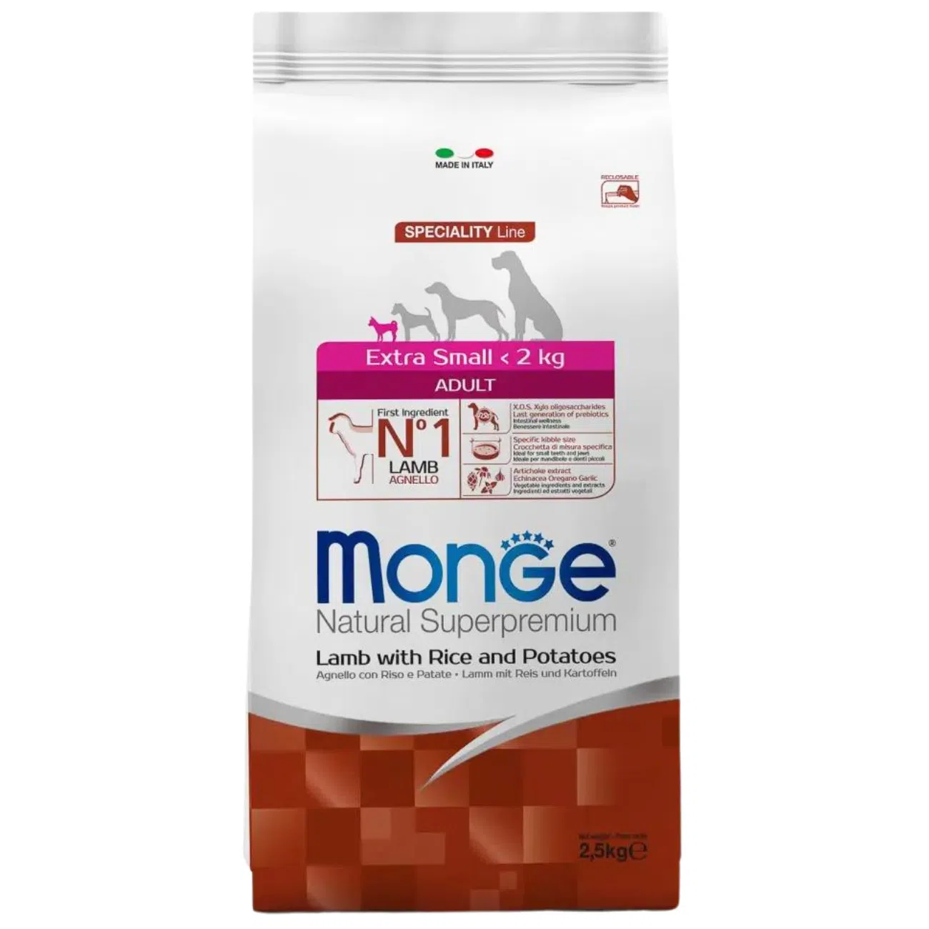 Monge Dog Extra Small Adult, ягнёнок с рисом и картофелем, 2.5 кг