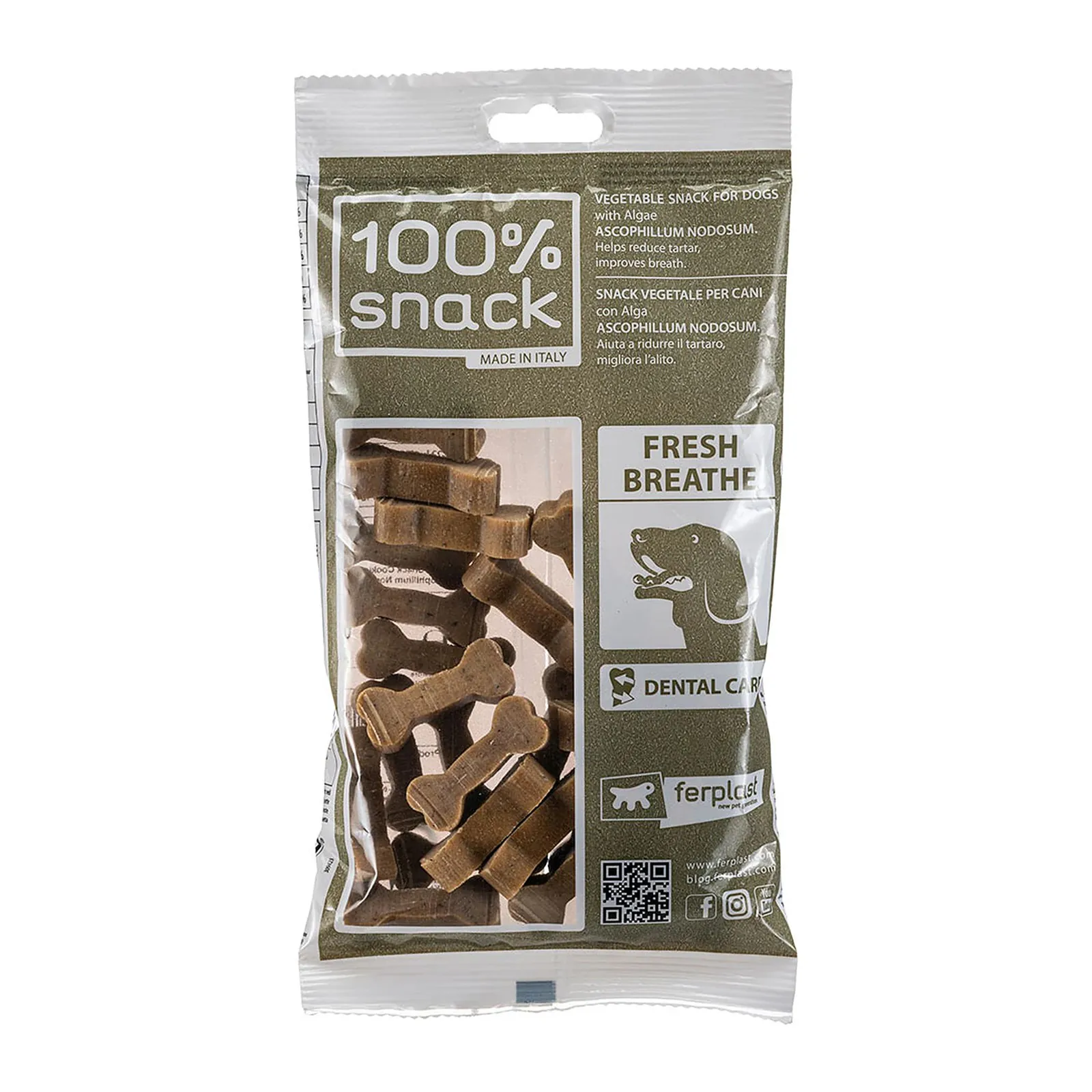 Ferplast 100% Snack Cookie Bone Ascophyllum, biscuiți dentari în formă de os pentru câini, 150 g