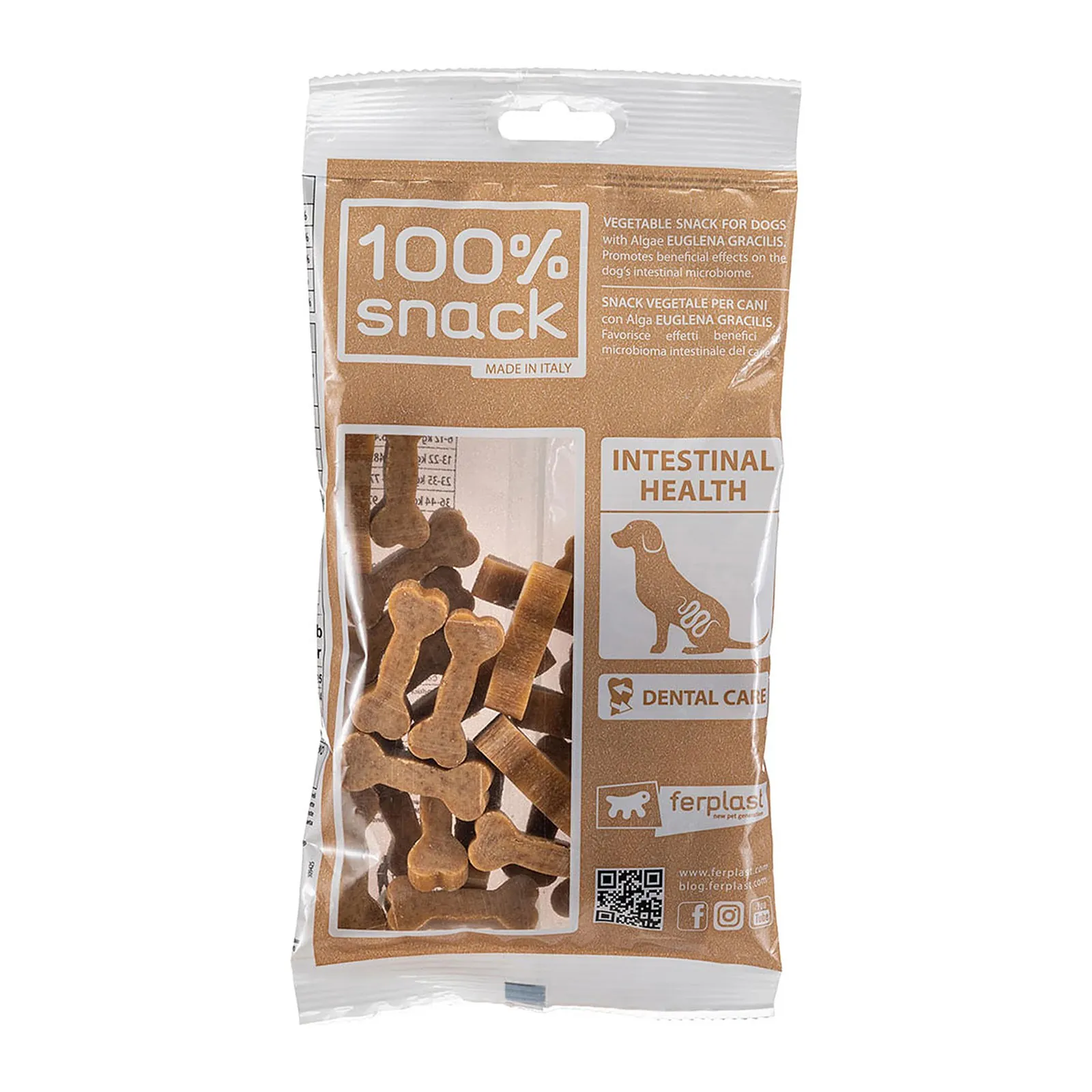 Ferplast 100% Snack Cookie Bone Euglena, biscuiți dentari în formă de os pentru câini, 150 g