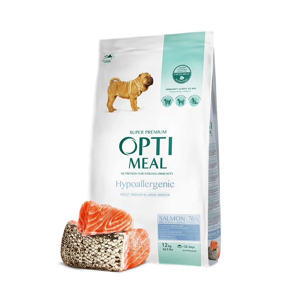 Optimeal Active Hypoallergenic для активных собак с пищевой непереносимостью с лососем, 12 кг