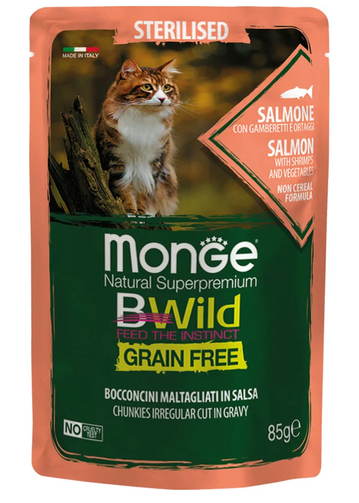 BWild Cat Pouch Sterilised, лосось с креветками и овощами, 85 г