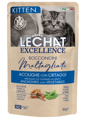 LeChat Excellence Pouch Chunkies Kitten, анчоусы с овощами, 85 г