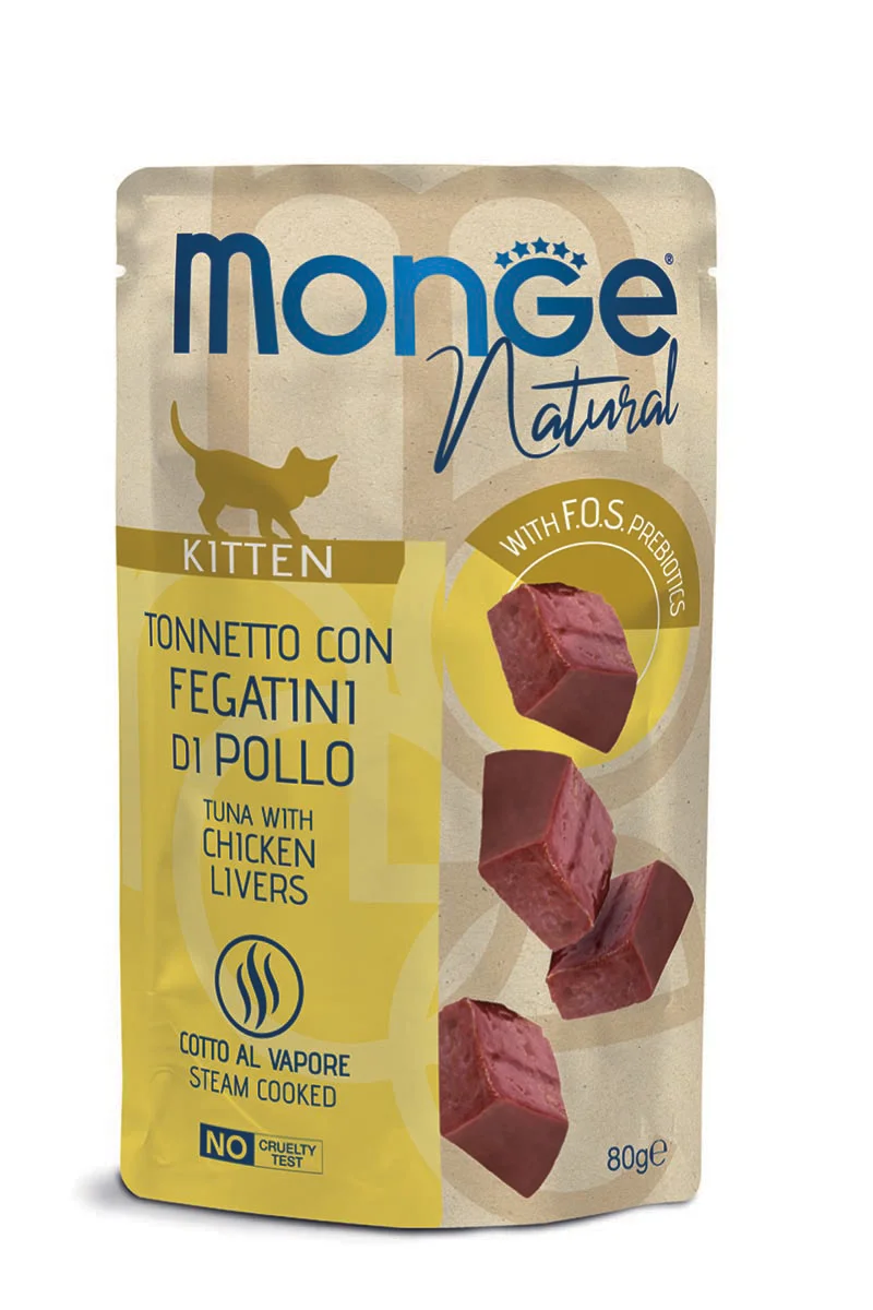 Monge Cat Natural Pouch Kitten, тунец и курица с печенью в желе, 80 г
