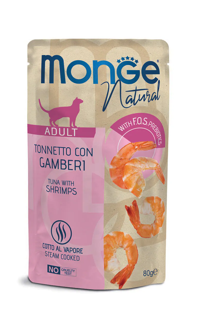 Monge Natural Pouch, тунец, креветки, в желе, 80 г