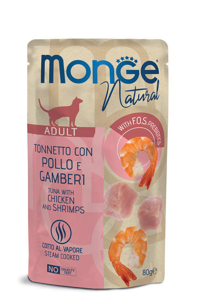 Monge Natural Pouch, тунец, курица, креветки, в желе, 80 г