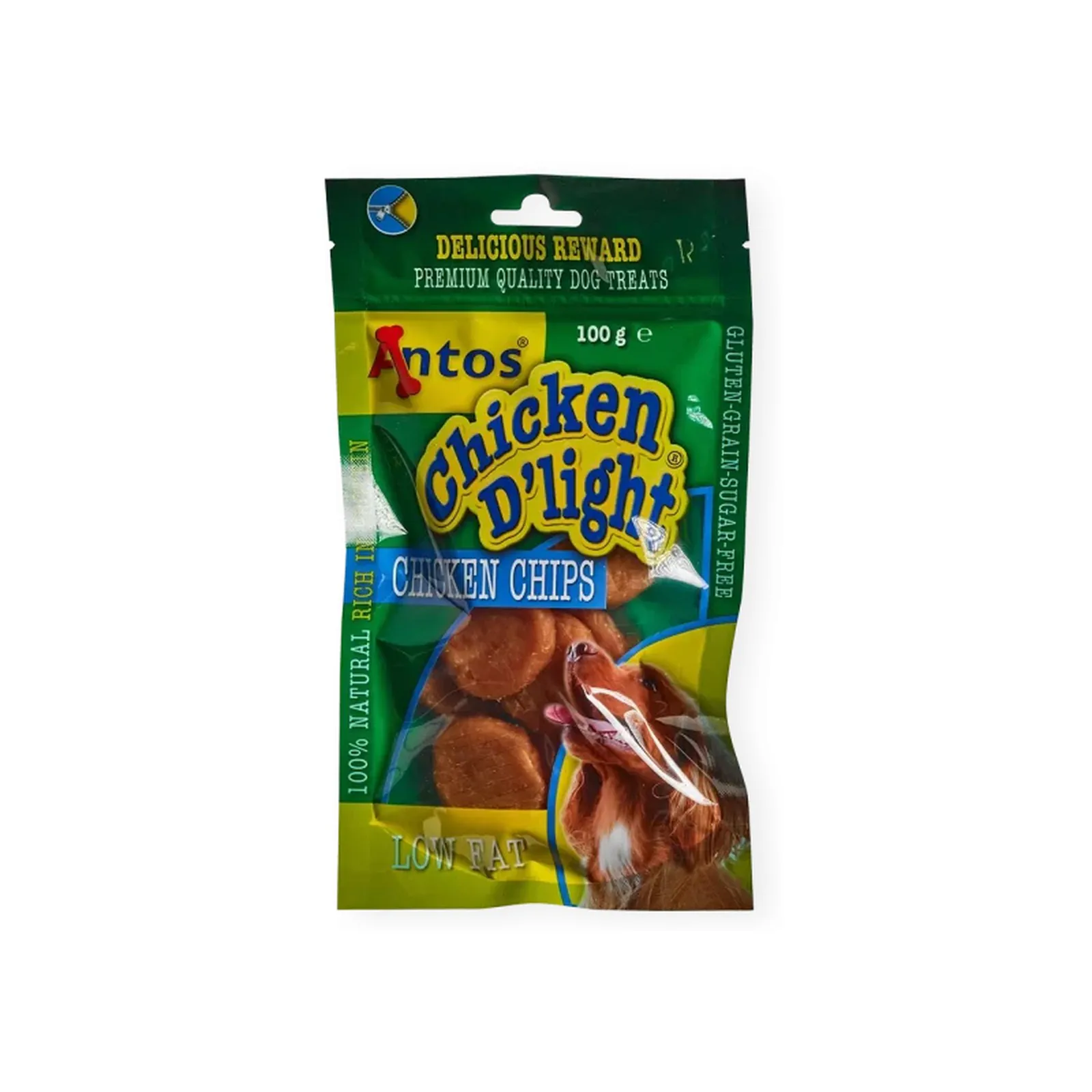 Antos Chicken D'light, recompensă pentru câini, chipsuri de pui, 100 g