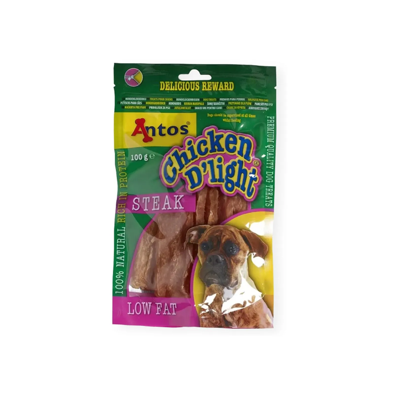 Antos Chicken D'light, recompensă pentru câini, steak de pui, 100 g