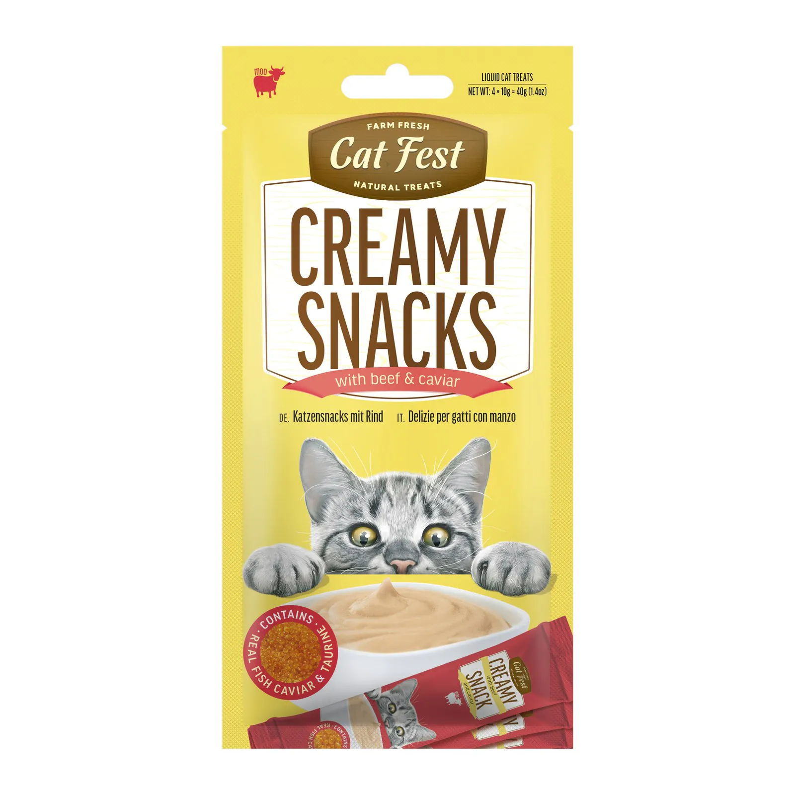 Cat Fest Creamy Snacks, recompensă pentru pisici, vită cu caviar, 40 g