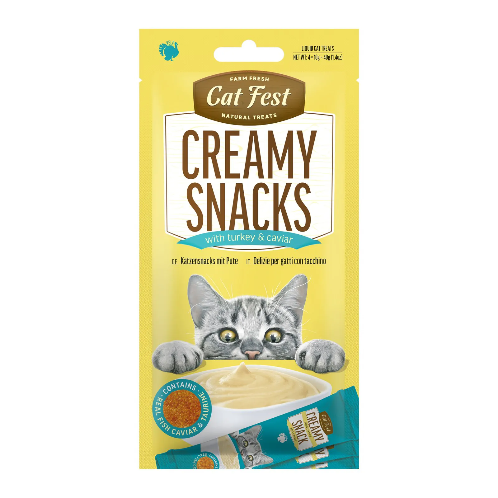 Cat Fest Creamy Snacks, recompensă pentru pisici, curcan cu caviar, 40 g
