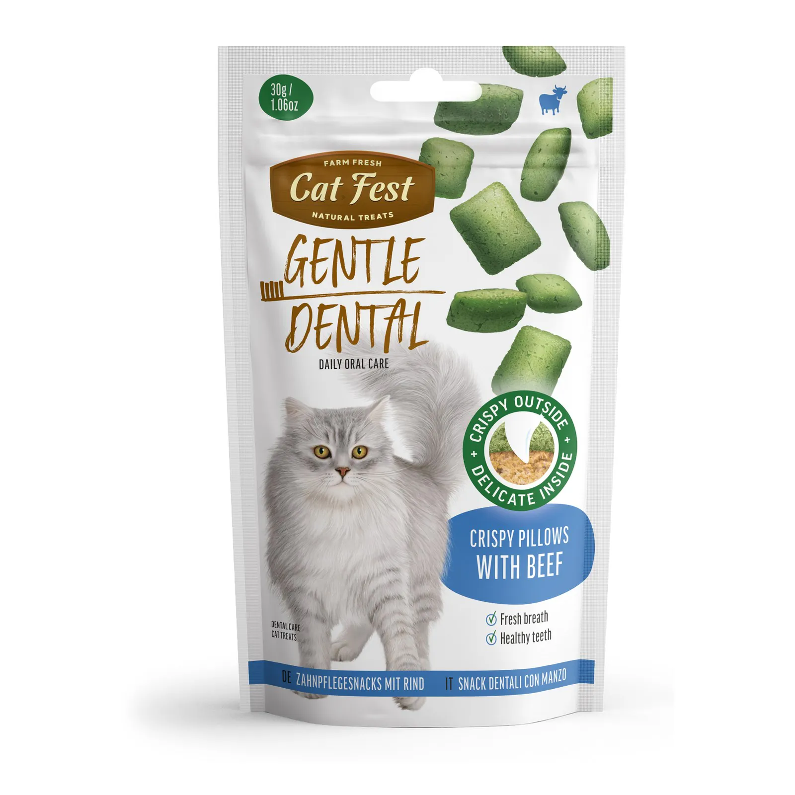 Cat Fest Dental, recompensă pentru pisici, perne crocante cu vită, 30 g