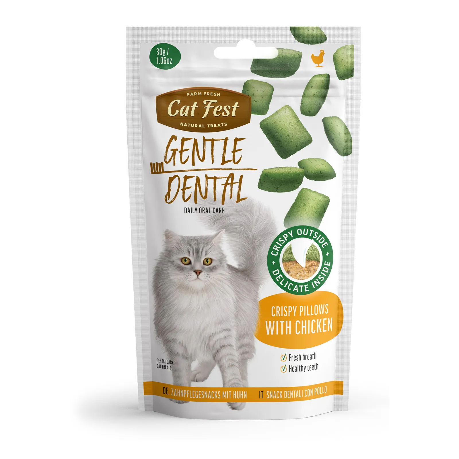 Cat Fest Dental, recompensă pentru pisici, perne crocante cu pui, 30 g