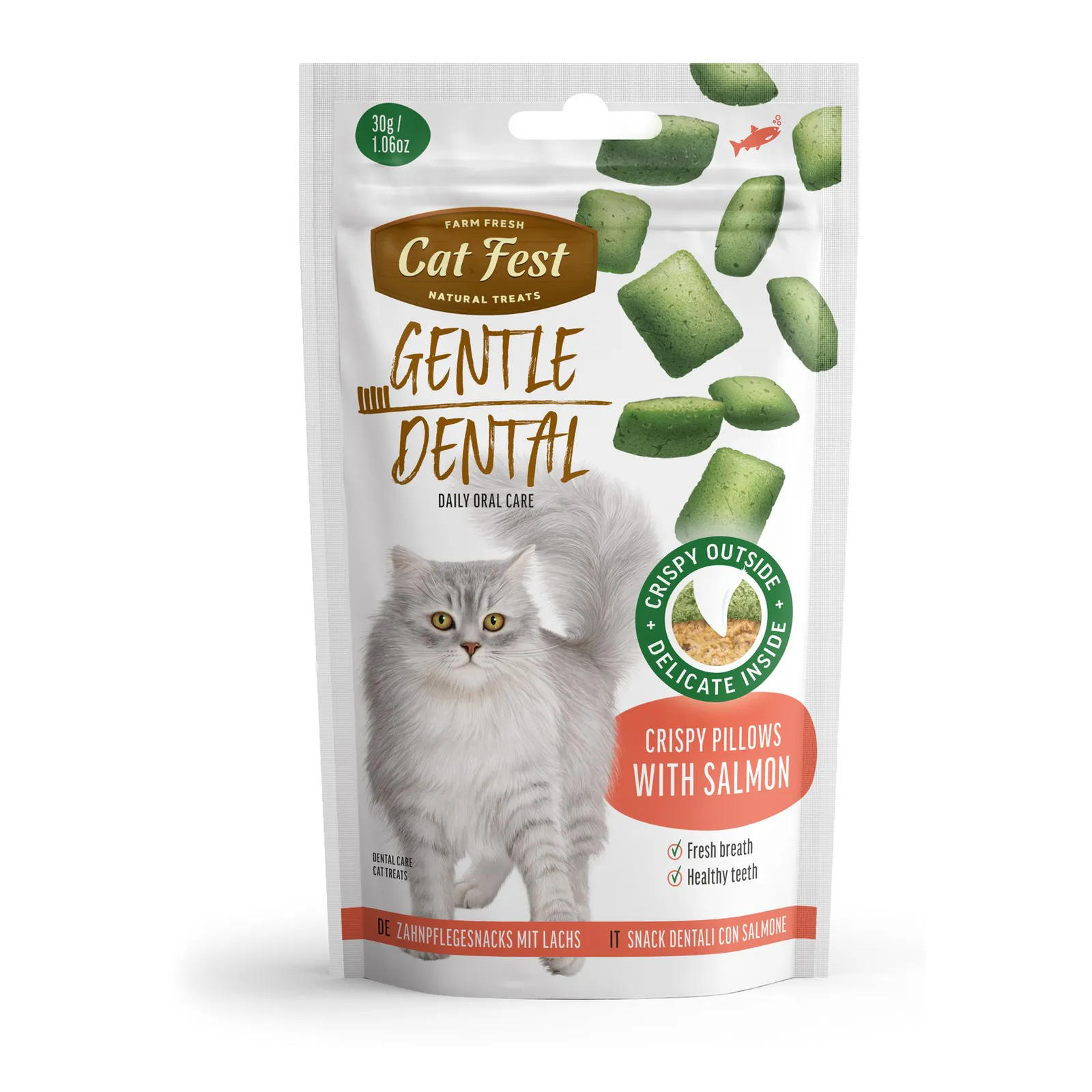 Cat Fest Dental, recompensă pentru pisici, perne crocante cu somon, 30 g