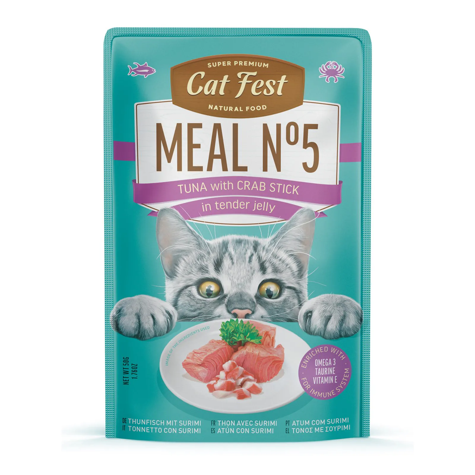 Cat Fest Meal Nr.5, ton cu surimi, în jeleu fin, 50 g