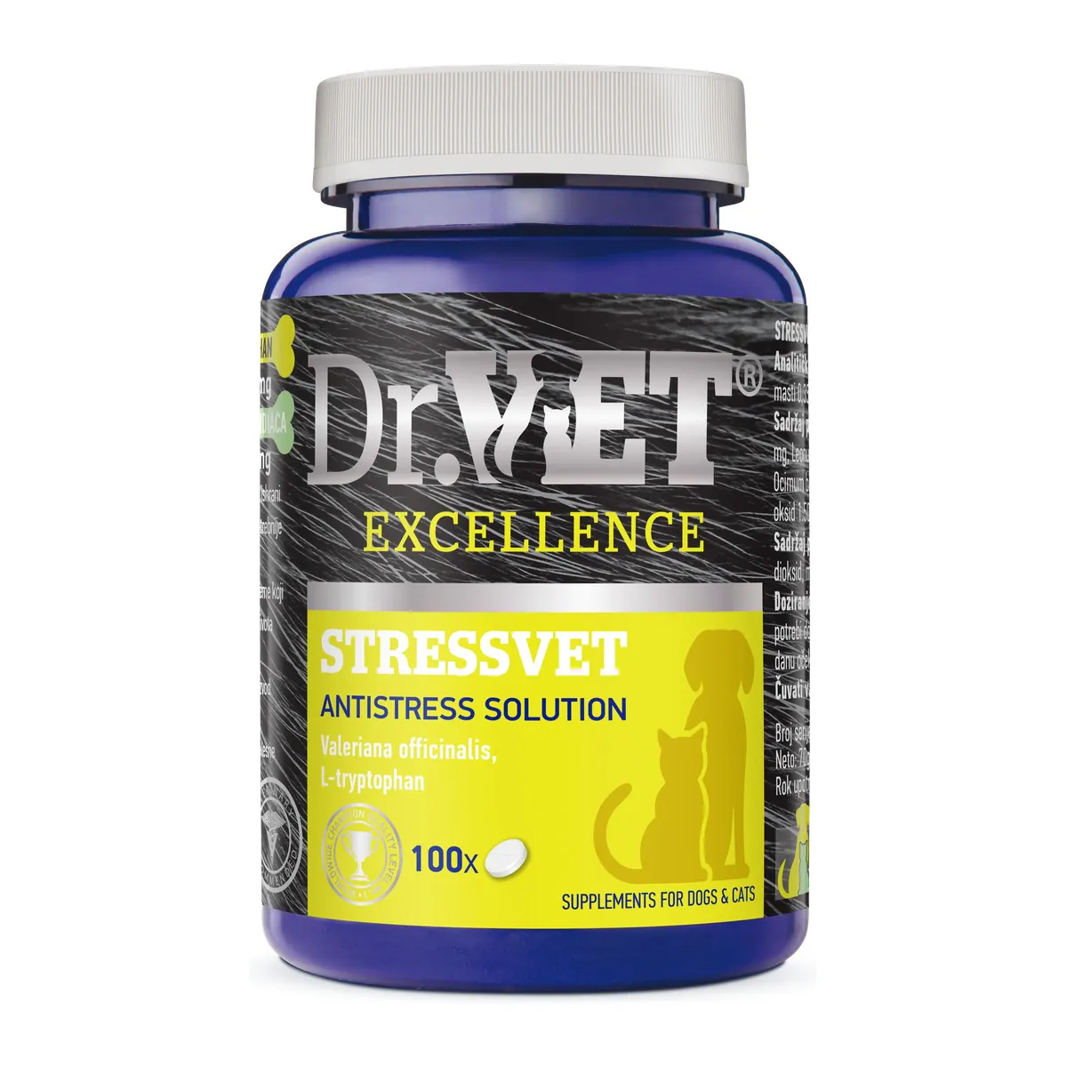 Dr. Vet StressVet, успокоительное для собак и кошек, с валерианой и триптофаном, 100 таблеток