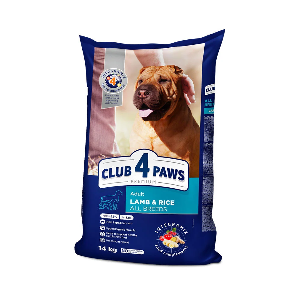 Club 4 Paws Adult All Breeds для взрослых собак всех пород с ягнёнком и рисом, 14 кг