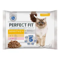 Perfect Fit Sensitive мультипак 4×85 г влажный корм для кошек с чувствительным пищеварением с курицей и лососем, 340 г
