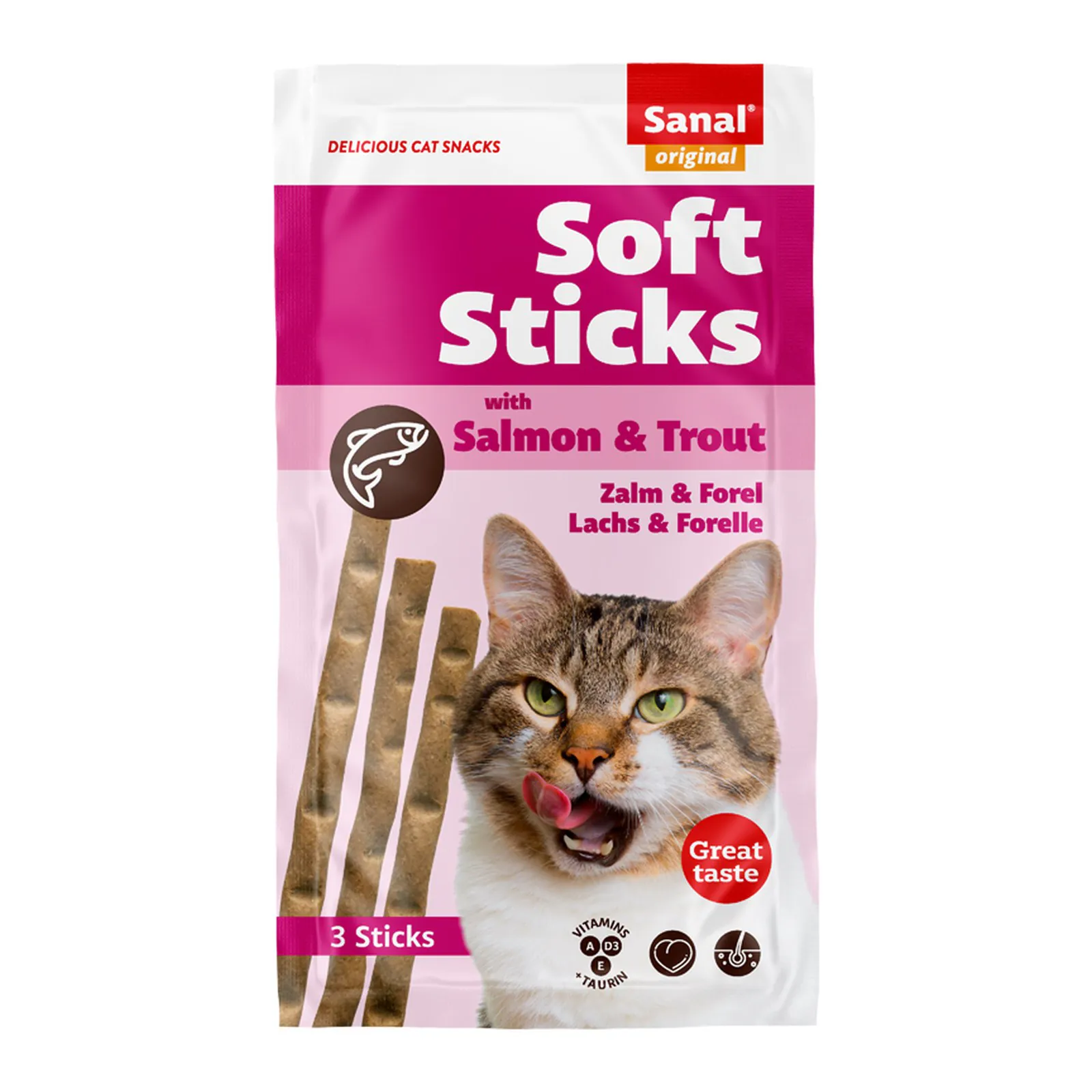 Sanal Soft Sticks, лакомство для кошек, лосось с форелью, 3 шт.