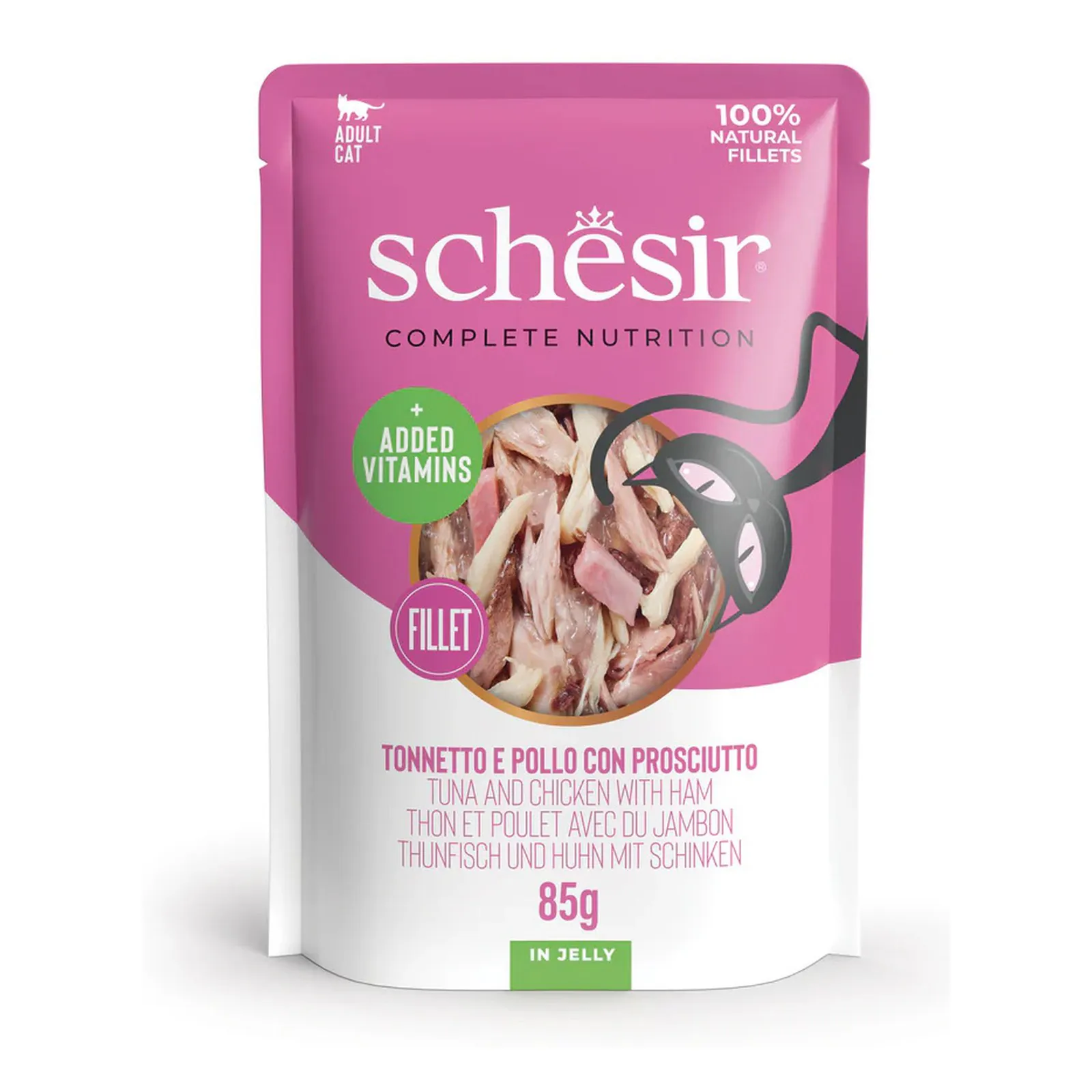 Schesir C&B, тунец и курица с ветчиной, в желе, 85 г