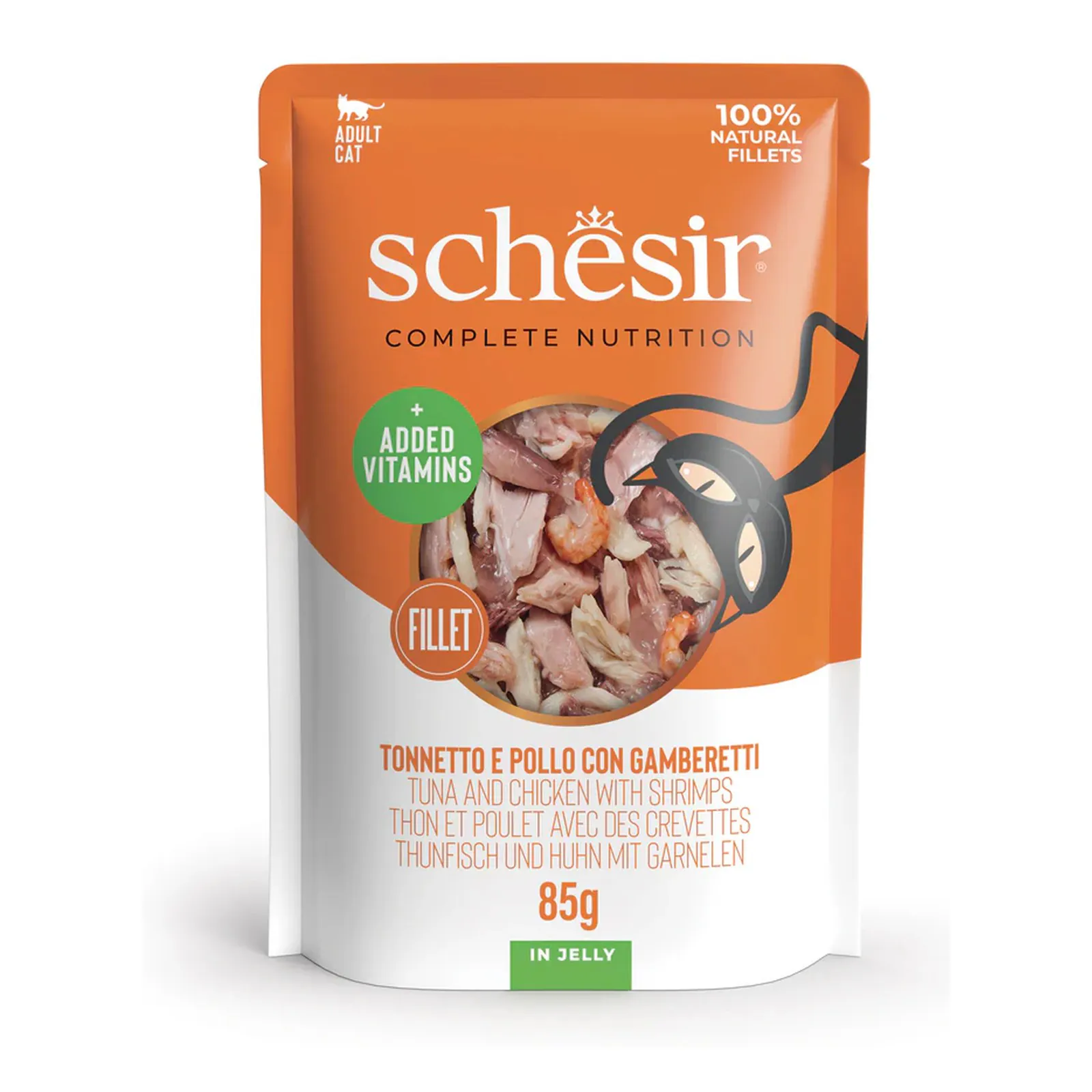 Schesir C&B, тунец и курица с креветками, в желе, 85 г