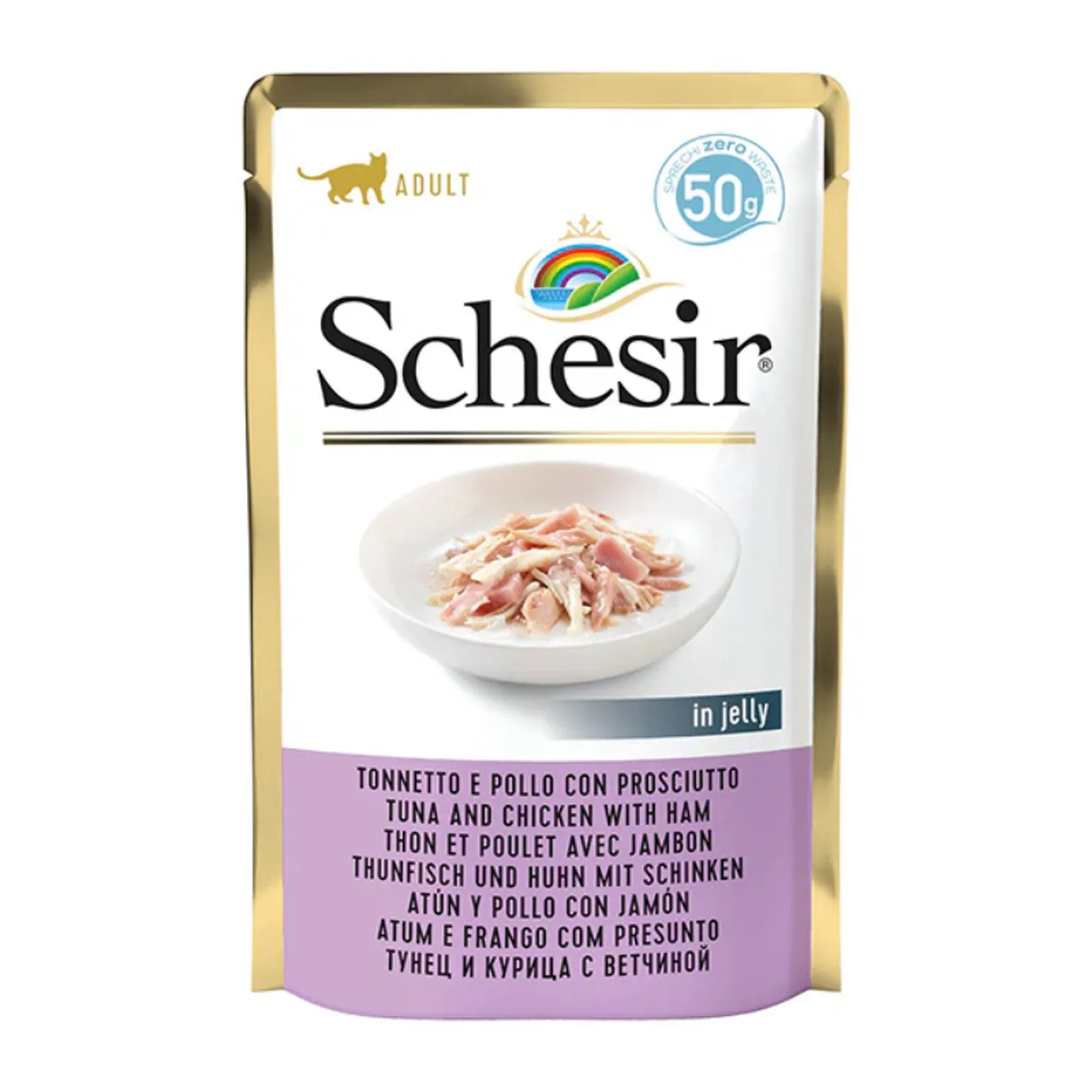 Schesir Cat, тунец и курица с ветчиной, в желе, 50 г
