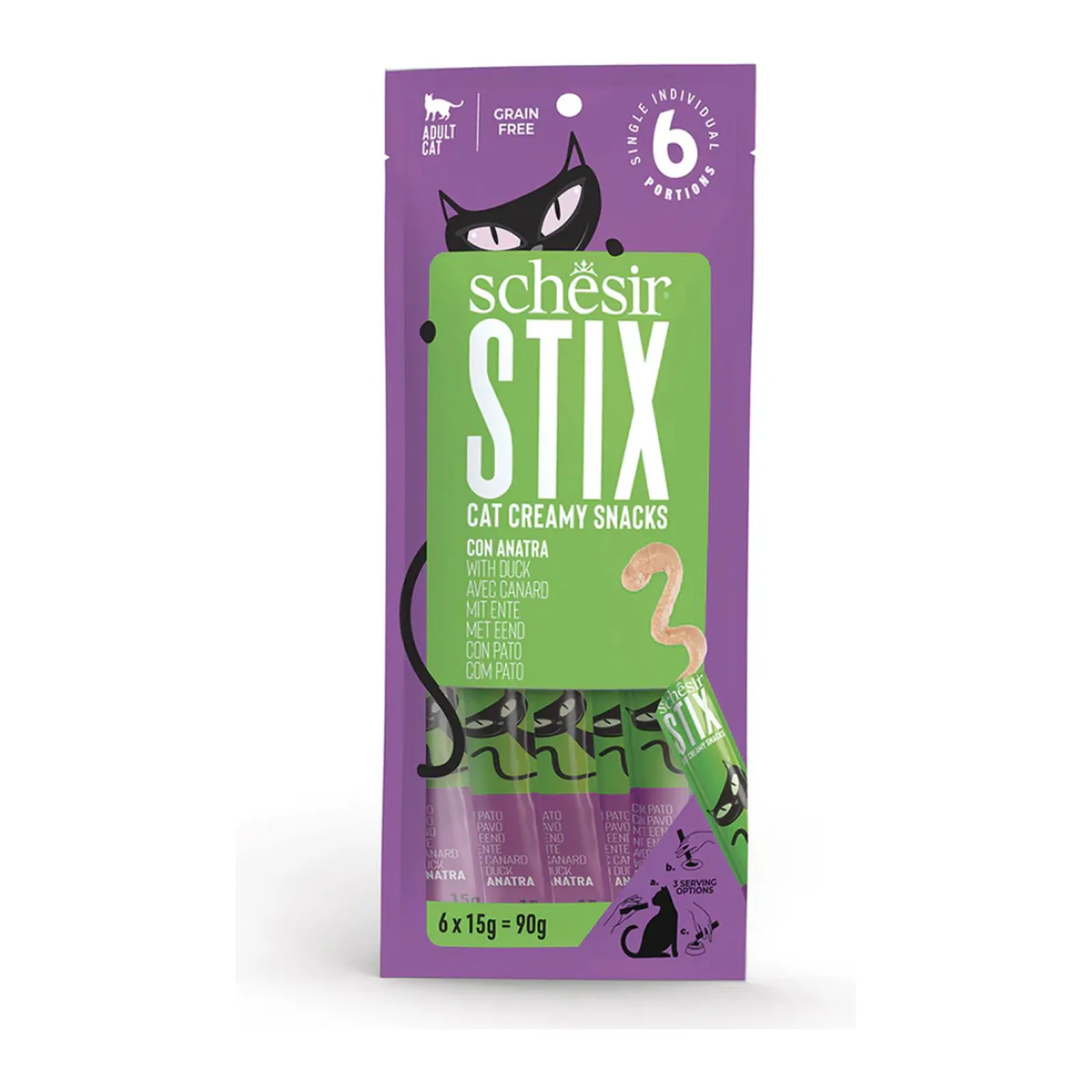 Schesir Stix, лакомство для кошек, утка, мусс, 6x15 г