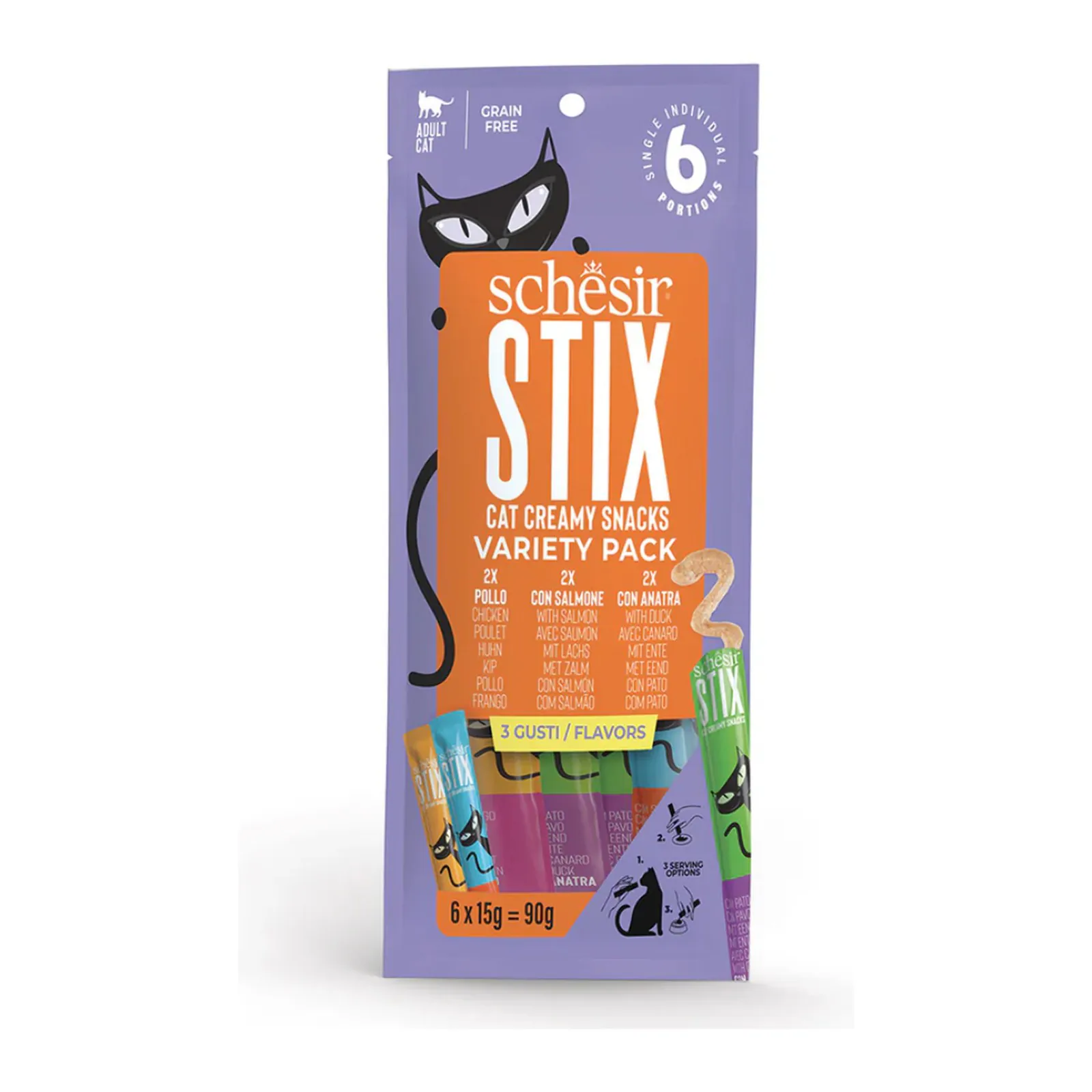 Schesir Stix, лакомство для кошек, курица, утка и лосось, 6x15 г