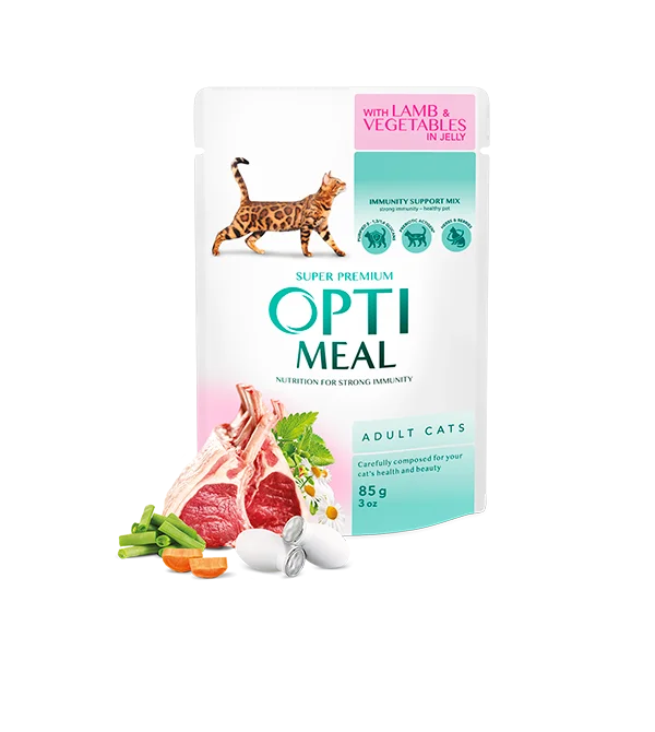 Optimeal Adult с ягнёнком с овощами в желе для взрослых кошек, 12×85 г