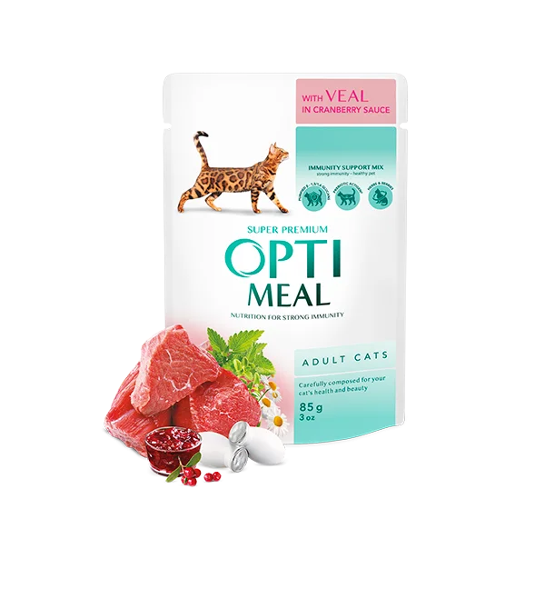 Optimeal Adult с телятиной с клюквой в соусе для взрослых кошек, 12×85 г