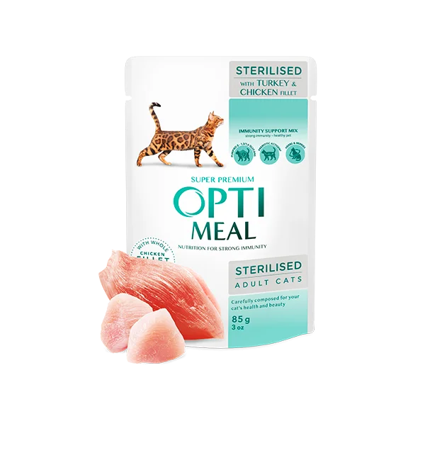 Optimeal Sterile для стерилизованных кошек с индейкой и курицей в соусе, 12×85 г