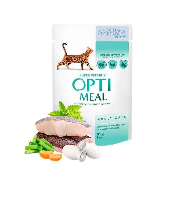 Optimeal Adult с треской с овощами в соусе для взрослых кошек, 12×85 г