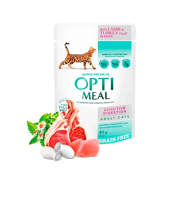 Optimeal Sensitive для кошек с чувствительным ЖКТ с ягнёнком и индейкой