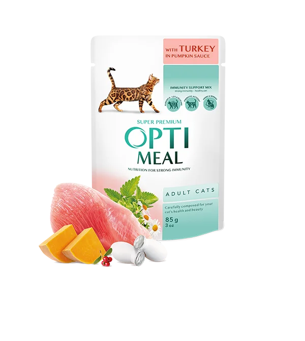 Optimeal Adult с индейкой с тыквой в соусе для взрослых кошек, 12×85 г