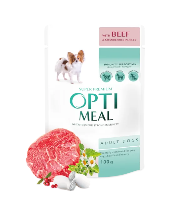 Optimeal Adult с говядиной с клюквой в желе для взрослых собак, 12×100 г