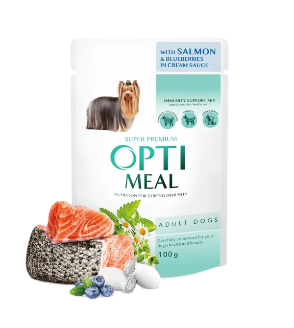 Optimeal Adult с лососем с черникой в сливочном соусе для взрослых собак, 12×100 г