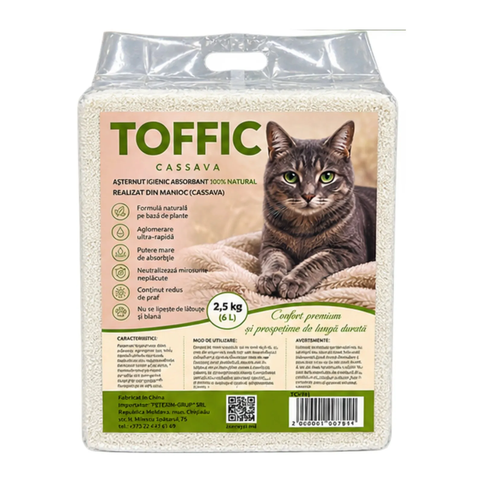 Toffic Cassava, așternut aglomerant din manioc pentru pisici, 2,5 kg