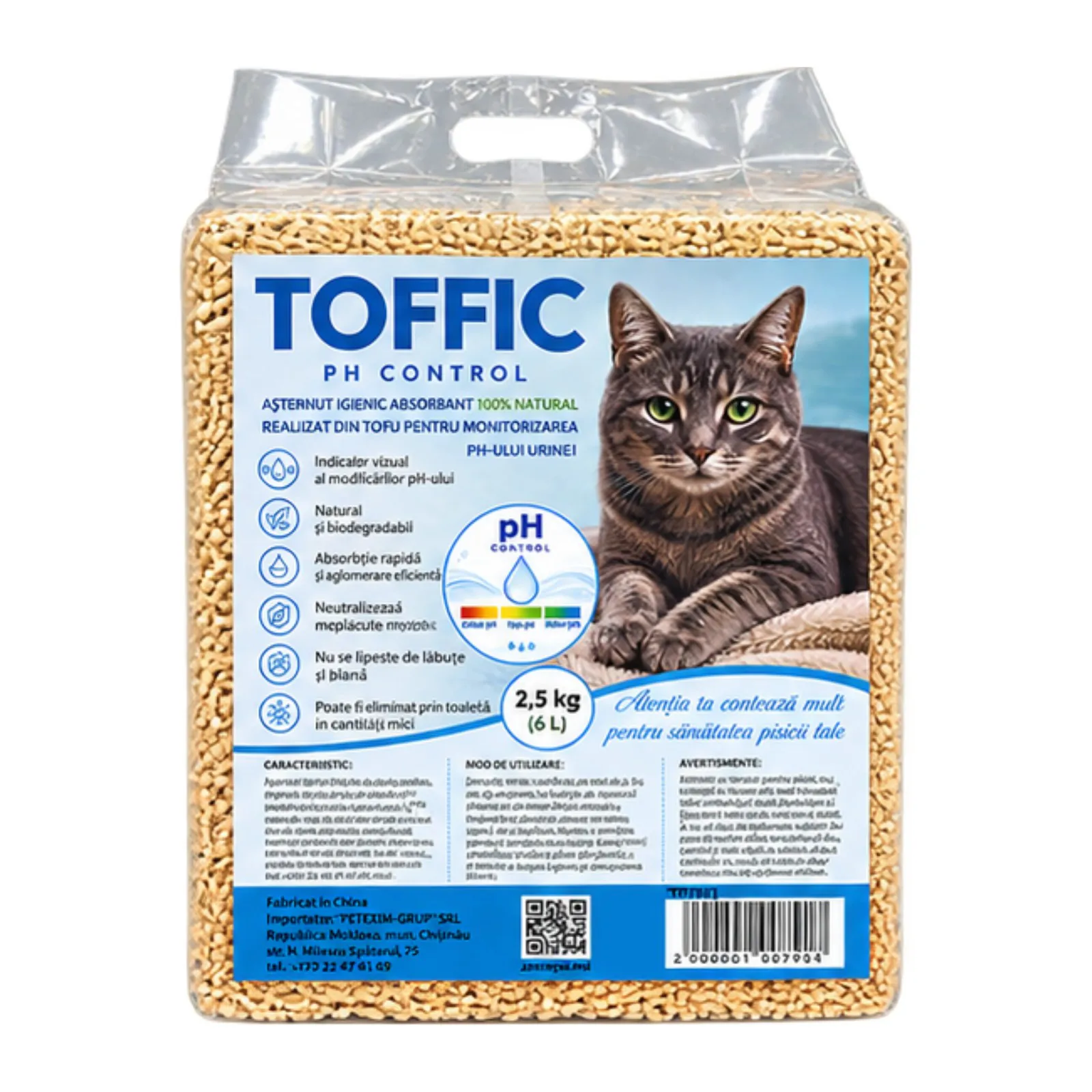 Toffic pH Control, așternut din tofu cu indicator de pH al urinei pentru pisici, 2,5 kg